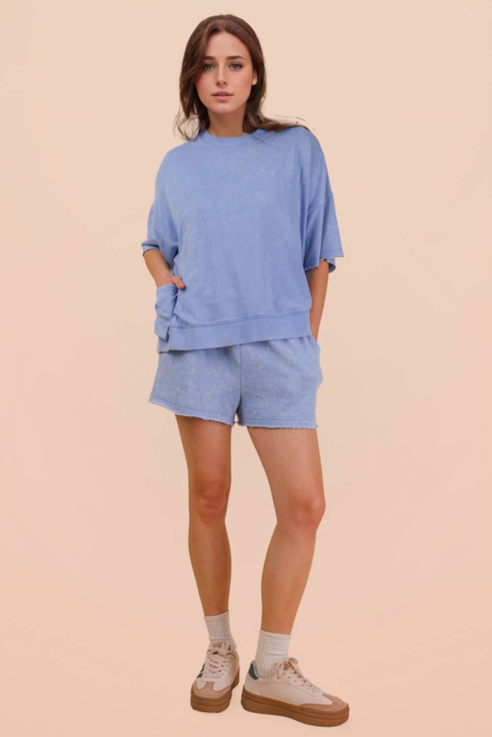 NT12429SETX-PLUS SIZE Mineral Washed Knit Casual Top & Shorts