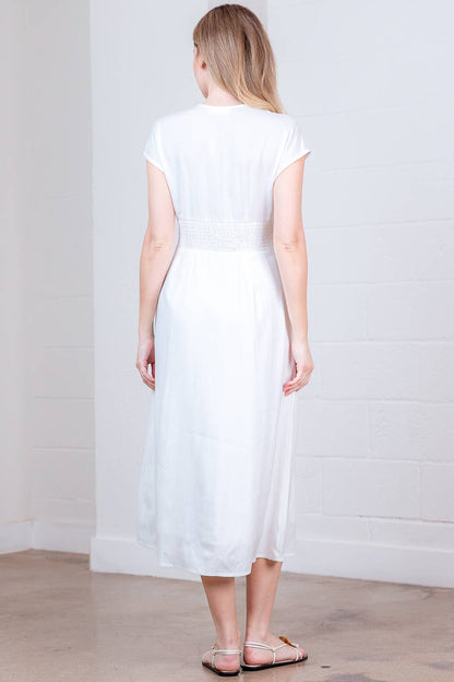 PD20378T-LINEN PLUNGE BUTTON DOWN  A-LINE MIDI DRESS