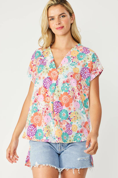 ST3611-E - FLORAL PRINT HI-LOW V NECK RELAXED FIT TOP