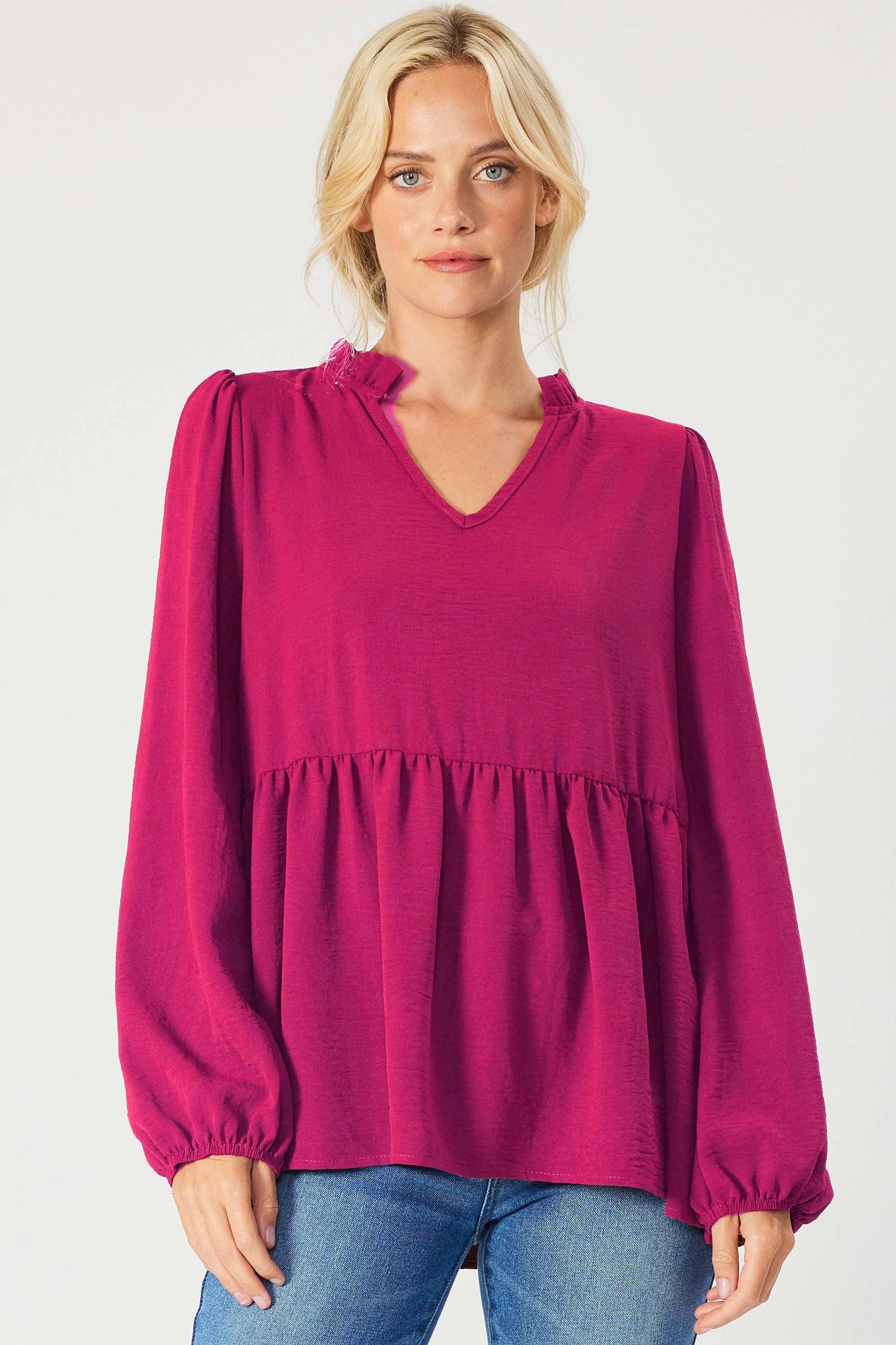 ST3073-A - SOLID LONG SLEEVE PEPLUM  TOP WITH RUFFLE COLLAR