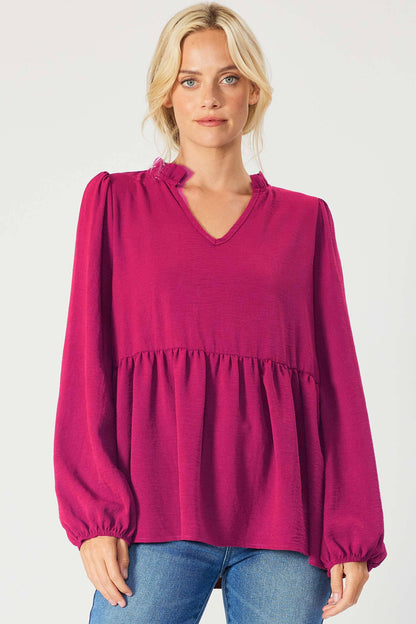 ST3073-A - SOLID LONG SLEEVE PEPLUM  TOP WITH RUFFLE COLLAR