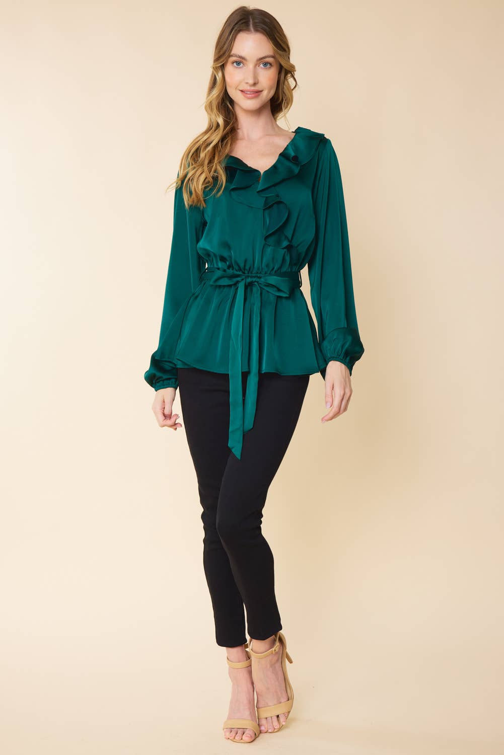 IT3416 - RUFFLED SATIN TOP WITH SELF TIE BELT