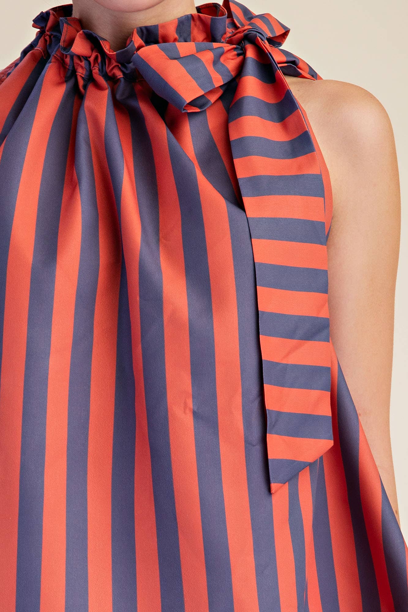 Ruffle Neck Tie Sleeveless Stripe Top