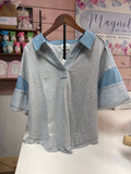 STRIPED COLLAR RAW HEM TOP