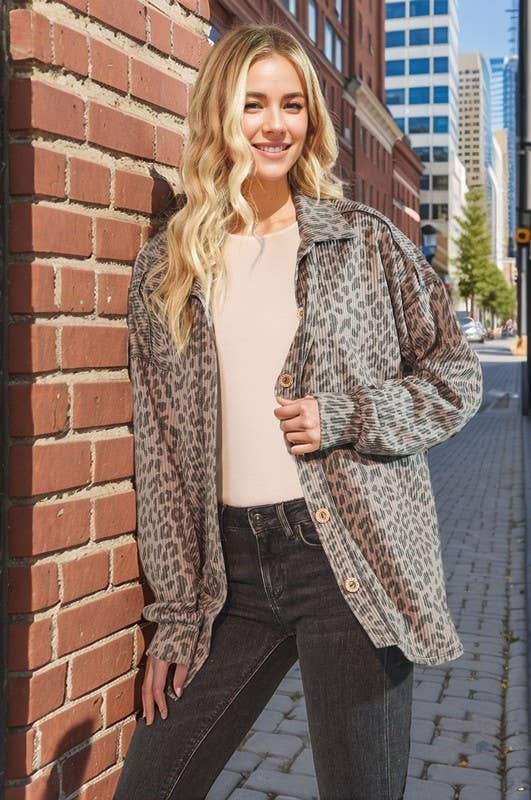 ET7425-14 BASIC COLLAR ANIMAL URBAN RIB BUTTON DOWN TOP: TAUPE / 2-2-2 (S-M-L)