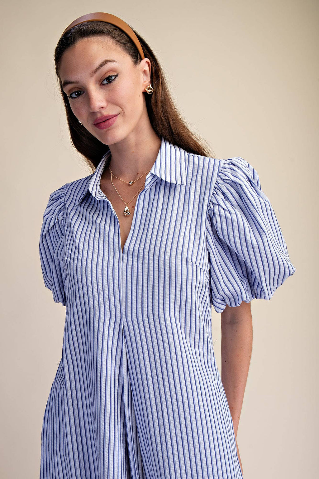 Collar V-Neck Puff Sleeve Stripe Pleated Midi Dress
