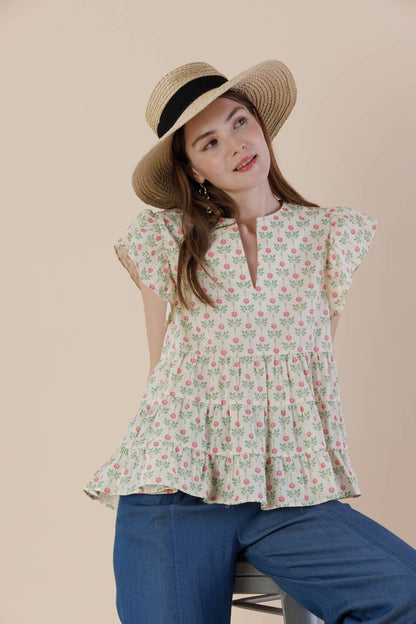 Floral Flutter Sleeve Tiered Blouse with Split Neck