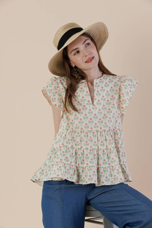 Floral Flutter Sleeve Tiered Blouse with Split Neck
