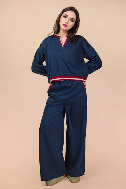 NT12382SET-Color Block Band Detail Comfy Knit Top & Pants Set