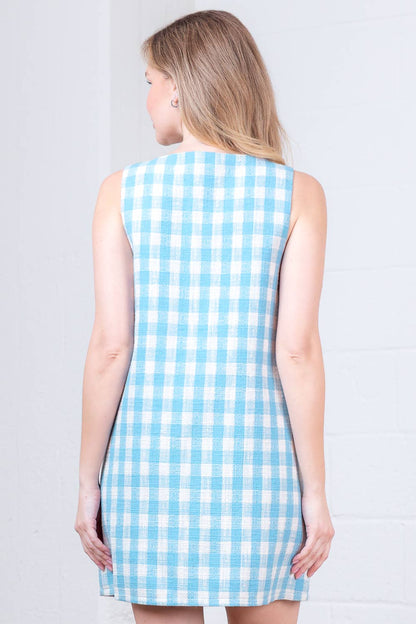 HD30291T-SLVLESS SIDE WELT POCKET A-LINE GINGHAM MINI DRESS