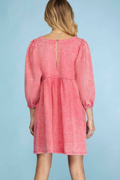 PINK  3/4 SLEEVES WASH TWILL BABYDOLL MINI DRESS S16SY617: PINK / Contemporary / L