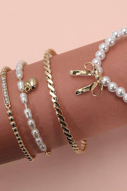 BOW PEARL RHINESTONE BAR STRETCH BANGLE SET | 80B137