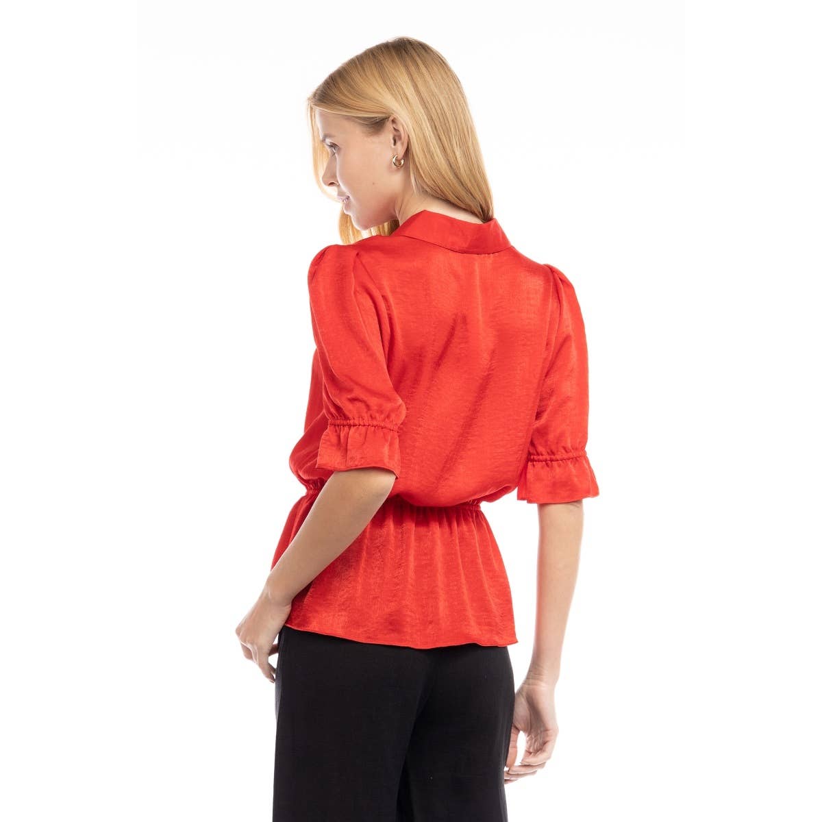 Elbow Sleeve Blouse With Half Placket