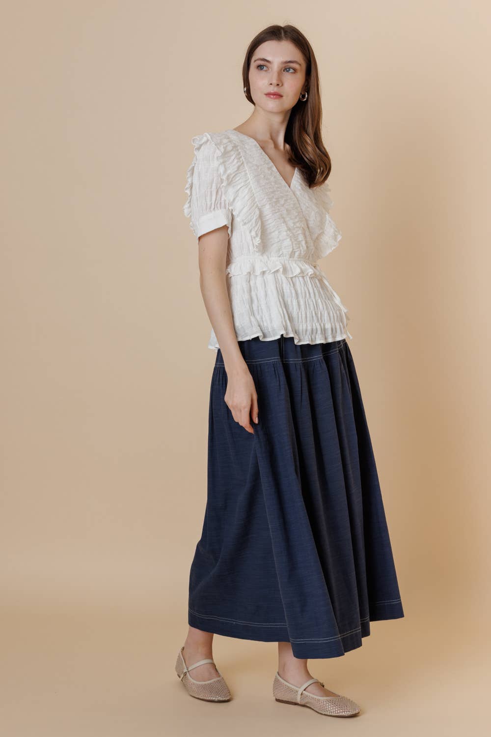 Textured Cotton Surpliced Puff Short Sleeve Ruffle Top