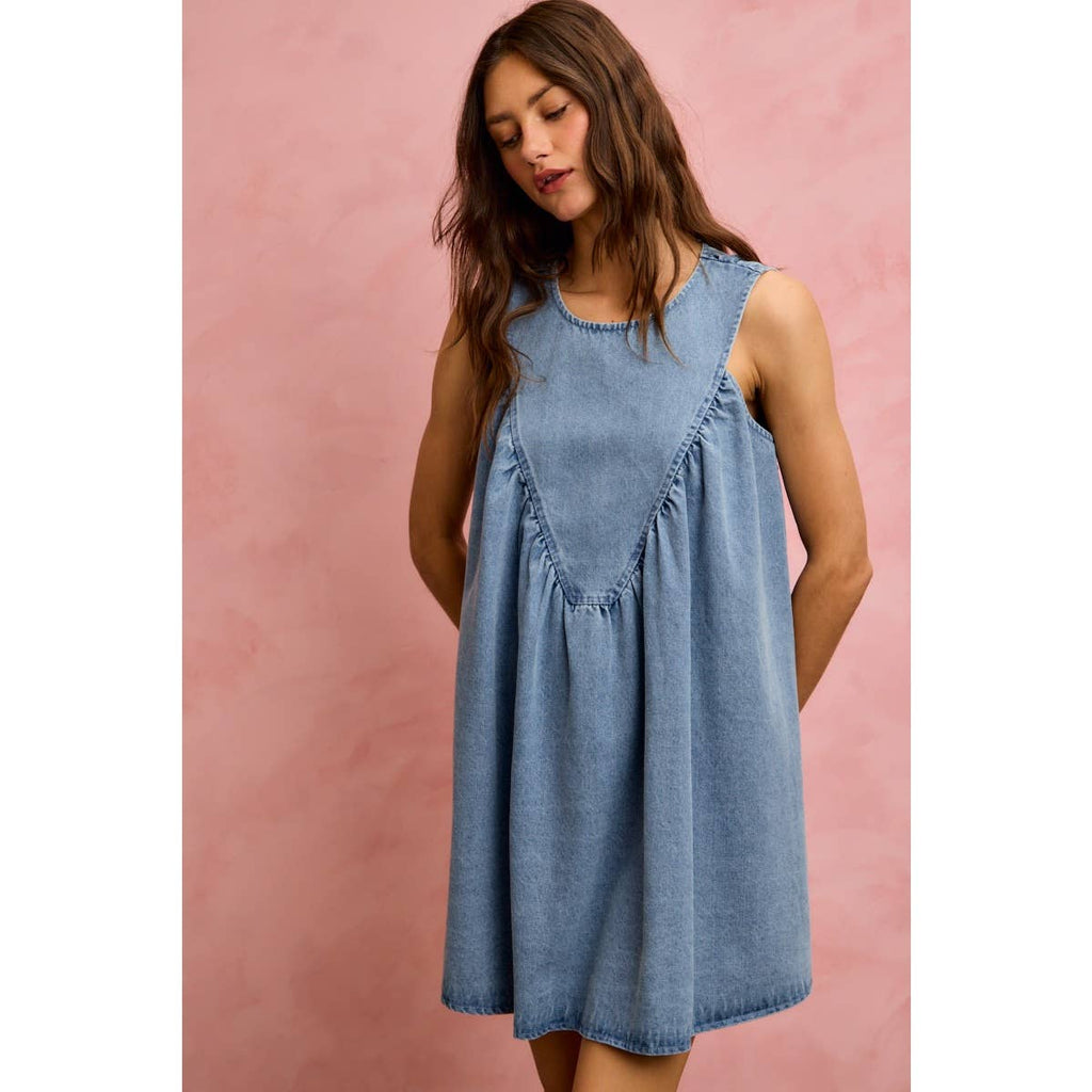 DENIM RUCHED SLEEVELESS DRESS