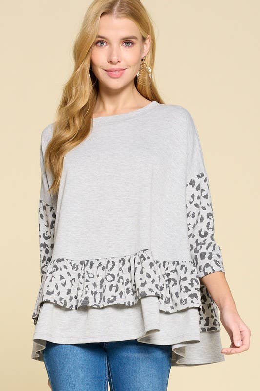 ETK-8345-PL Plus Size Animal Print Contrast Ruffle Hem Top
