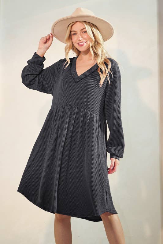 ED6869-10 LONG PUFF SLEEVE SOLID URBAN RIB BABY DOLL DRESS
: CHARCOAL / 2-2-2 (1X-2X-3X)