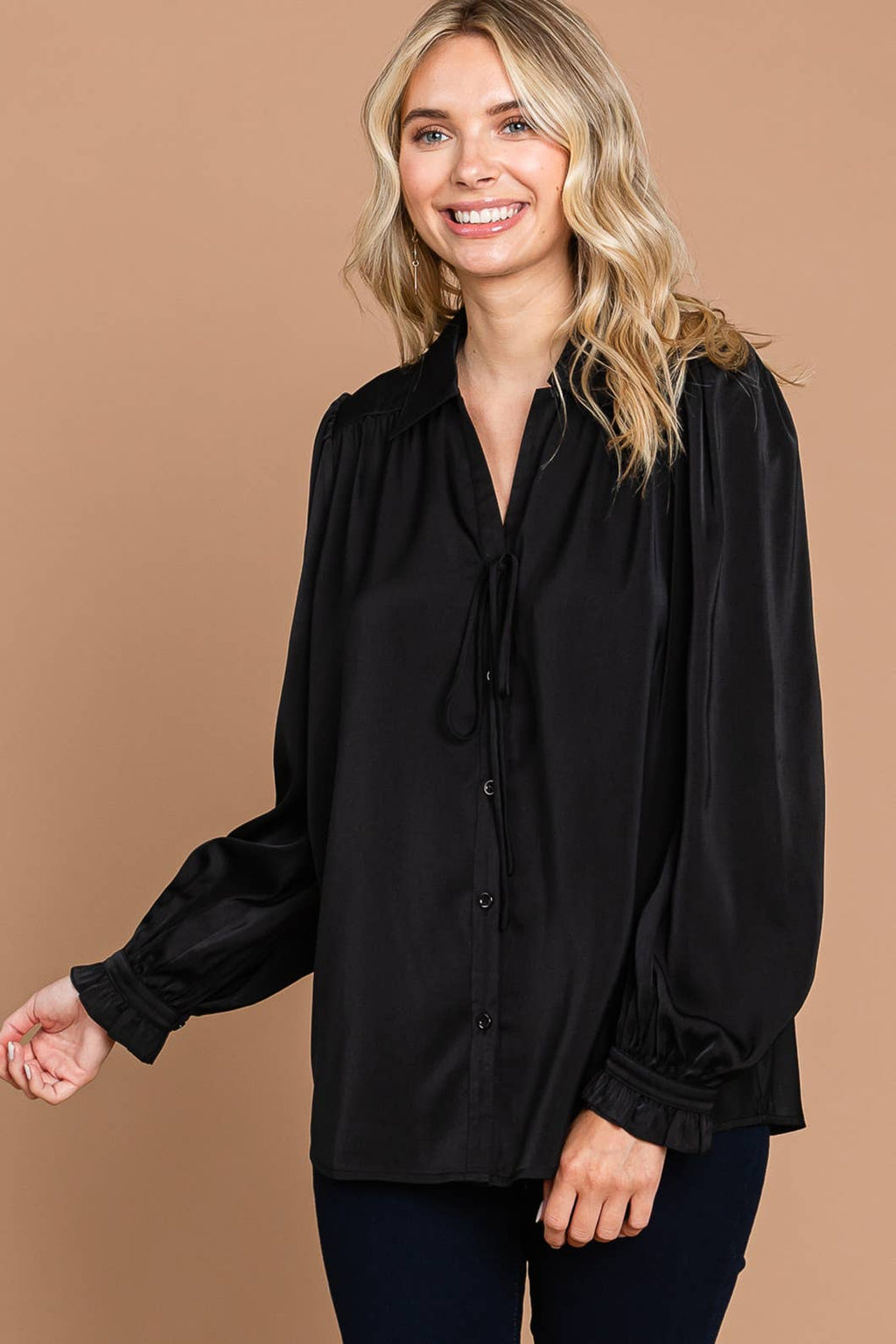 64669W-Soft Satin Button Down Front Shirts