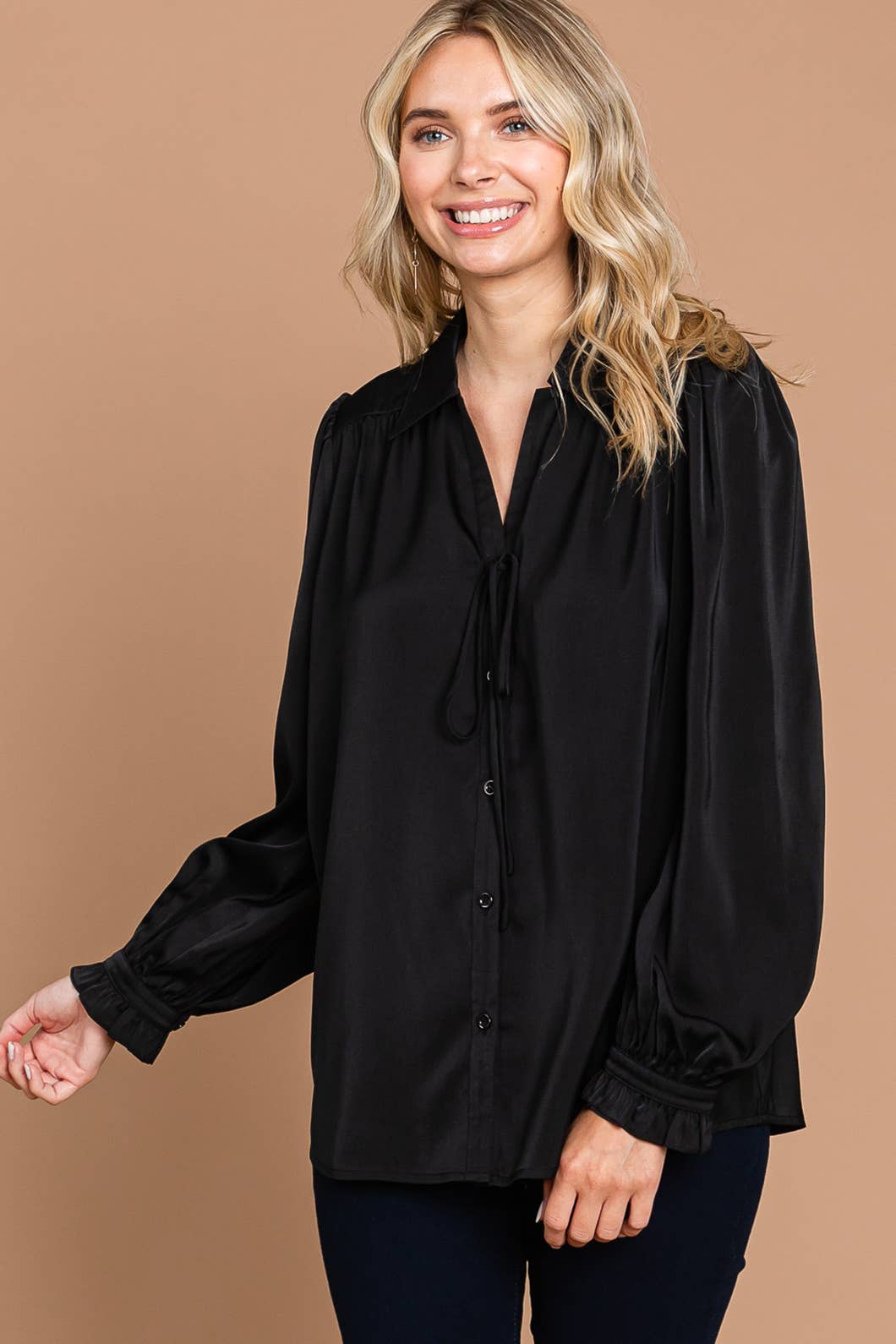 64669W-Soft Satin Button Down Front Shirts