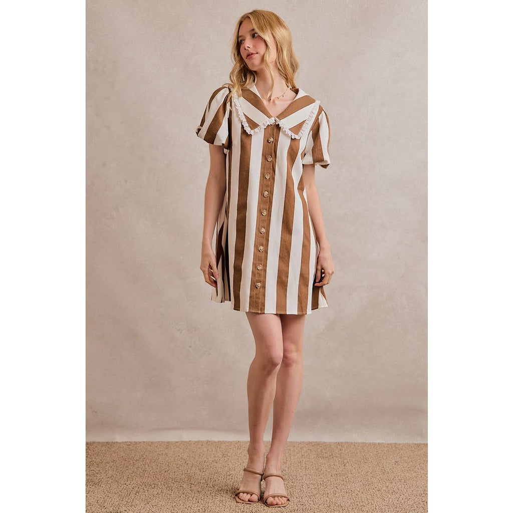 TWILL STRIPE PETER PAN COLLAR SHORT SLEEVE MINI DRESS
