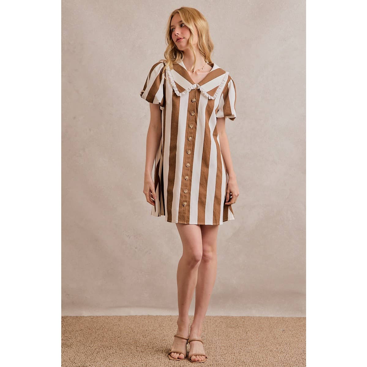 TWILL STRIPE PETER PAN COLLAR SHORT SLEEVE MINI DRESS