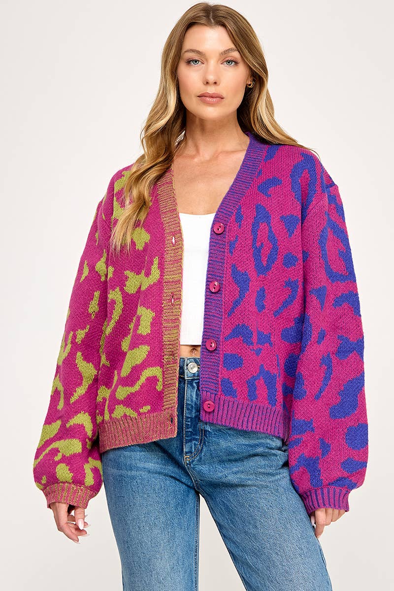 IJ1101 - LEOPARD COLOR BLOCK BUTTON DOWN SWEATER CARDIGAN
