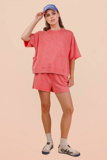 NT12429SETX-PLUS SIZE Mineral Washed Knit Casual Top & Shorts