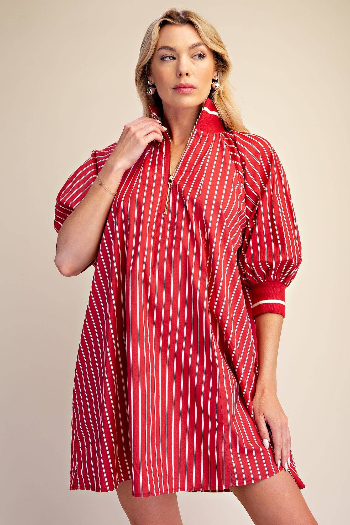 Mock Neck Band Half Zip Stripe Mini Dress
