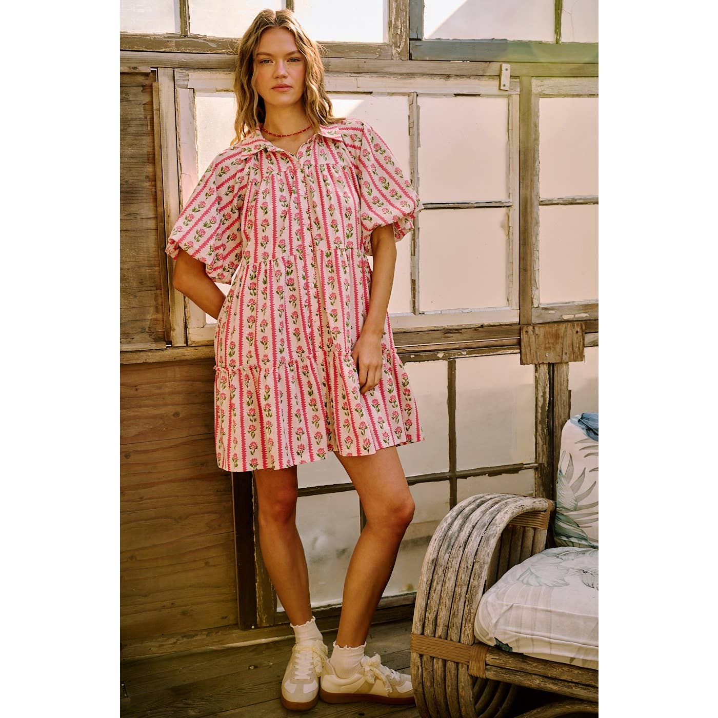 FLORAL STRIPE PRINT TIERED MINI SHIRT DRESS