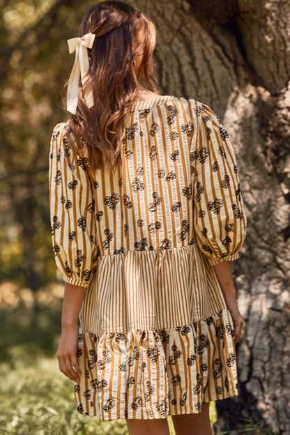 Plus Flocked Floral Striped Baby Doll Dress: Taupe Combo