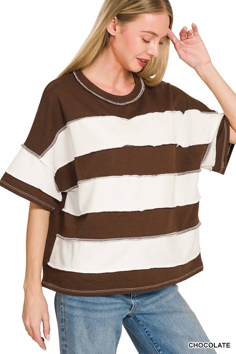 French Terry Striped Exposed Seam Top - Zenana