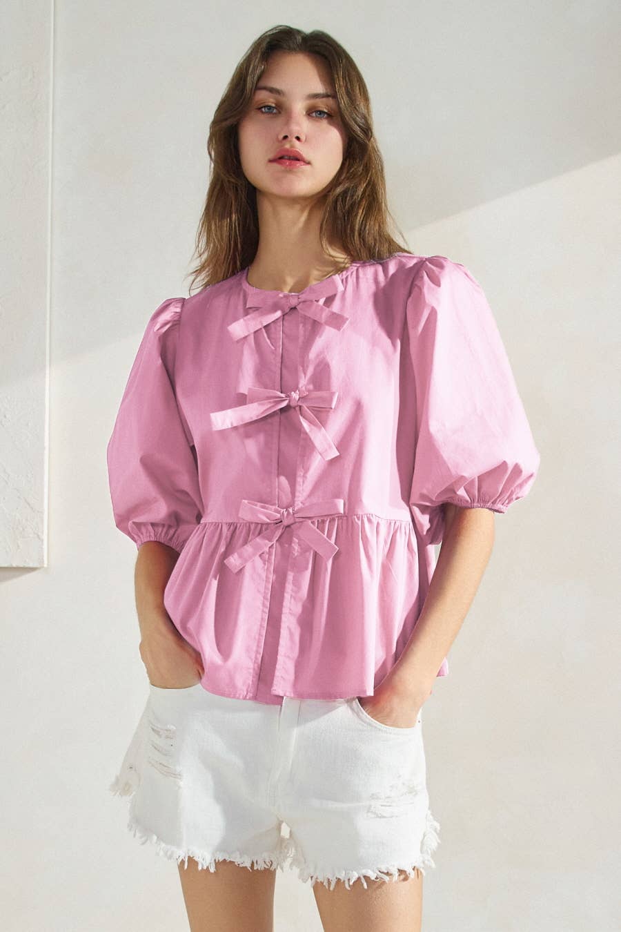 Solid Cotton Poplin Front Tie Ribbon Blouse: Burgundy / L
