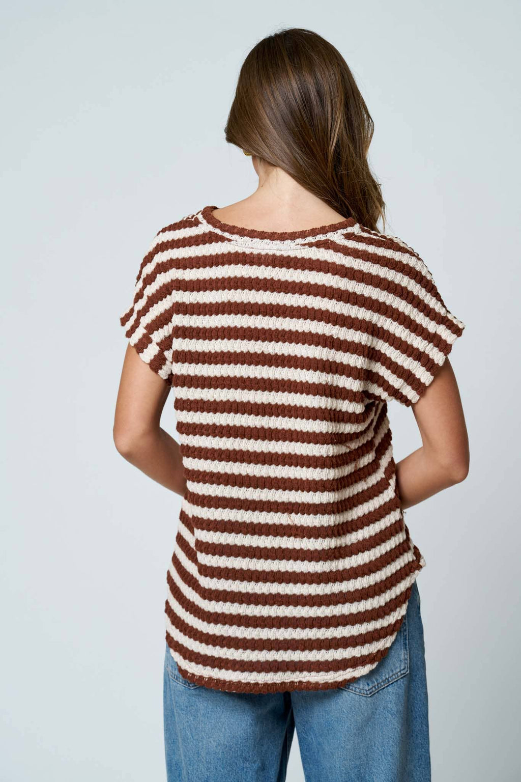 TEXTURED STRIPE ROUND NECK DOLMAN SLEEVE KNIT TOP