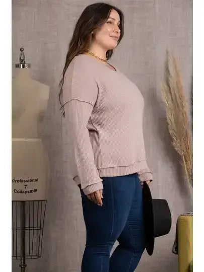 TAUPE RIBBED KNIT LONG SLEEVES PLUS SIZE TOP-M5044P