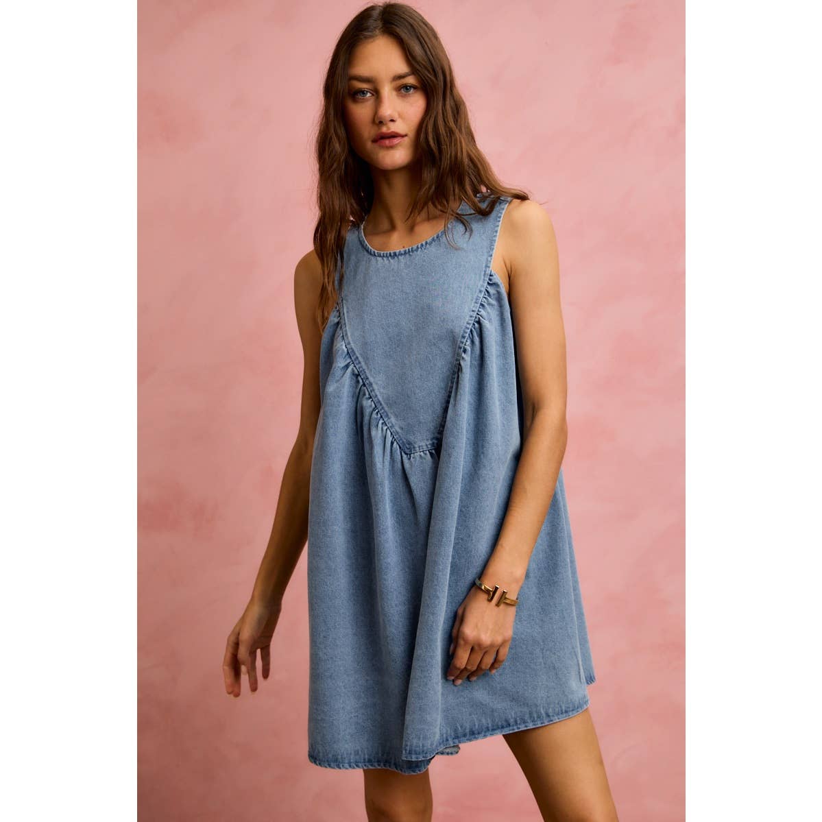 DENIM RUCHED SLEEVELESS DRESS