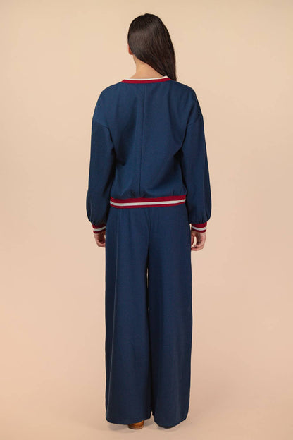 NT12382SET-Color Block Band Detail Comfy Knit Top & Pants Set