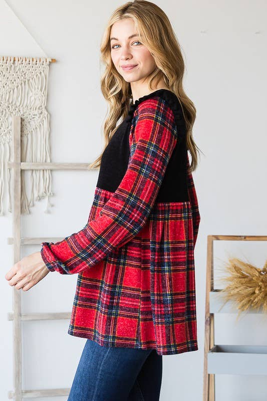 ET6757-13 SOLID AND MULTI COLOR PLAID BABYDOLL TOP