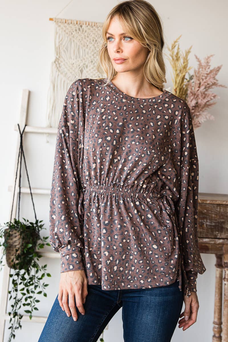 Long Sleeves Ruffle Elastic Waist Side Tie Top