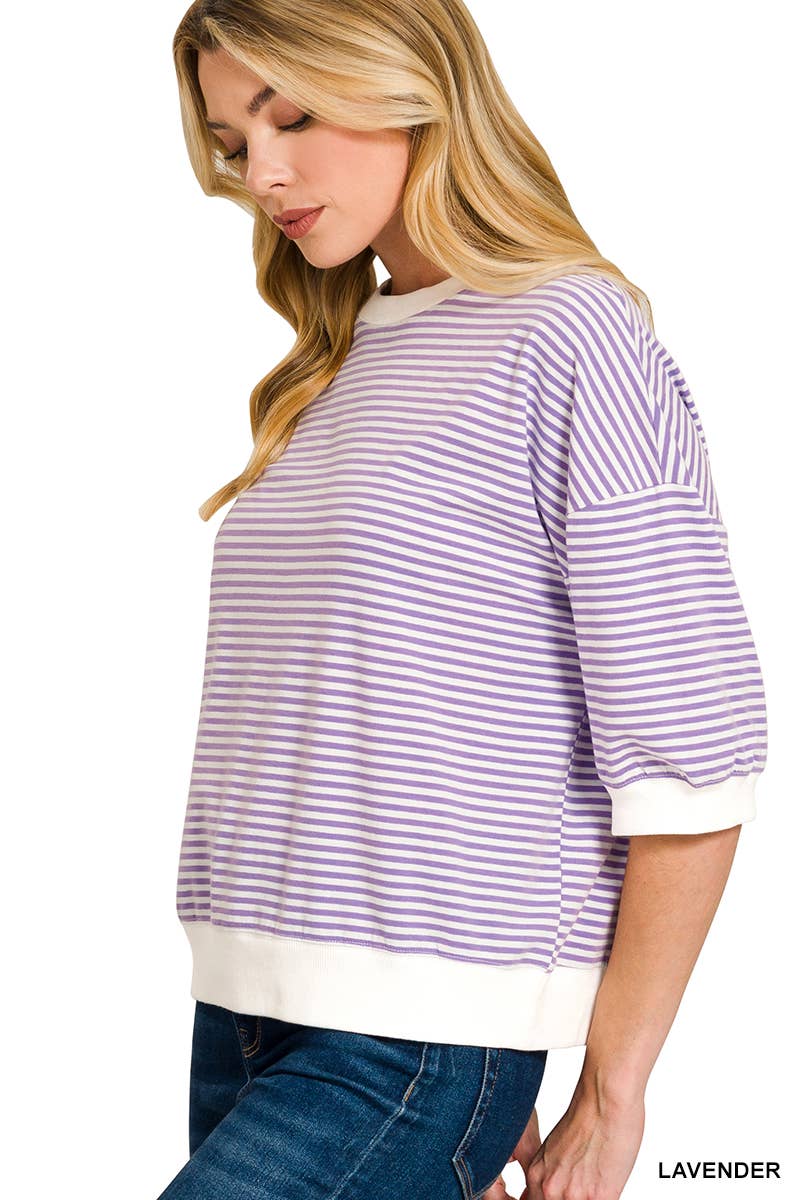 Striped Contrast Trim Banded Bottom Top - Zenana