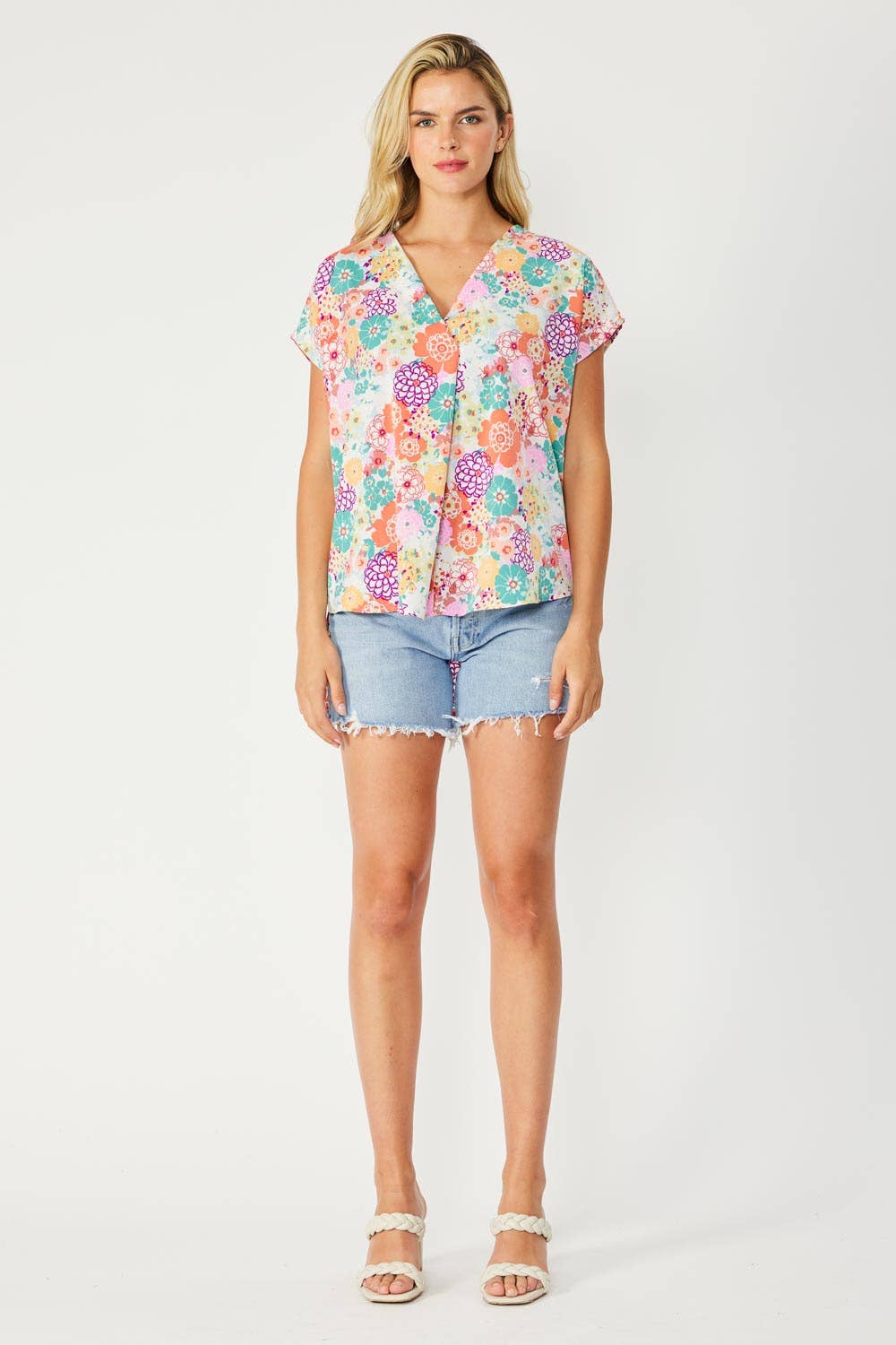 ST3611-E - FLORAL PRINT HI-LOW V NECK RELAXED FIT TOP
