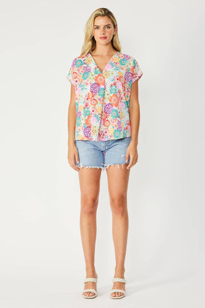 ST3611-E - FLORAL PRINT HI-LOW V NECK RELAXED FIT TOP