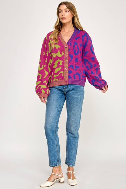 IJ1101 - LEOPARD COLOR BLOCK BUTTON DOWN SWEATER CARDIGAN