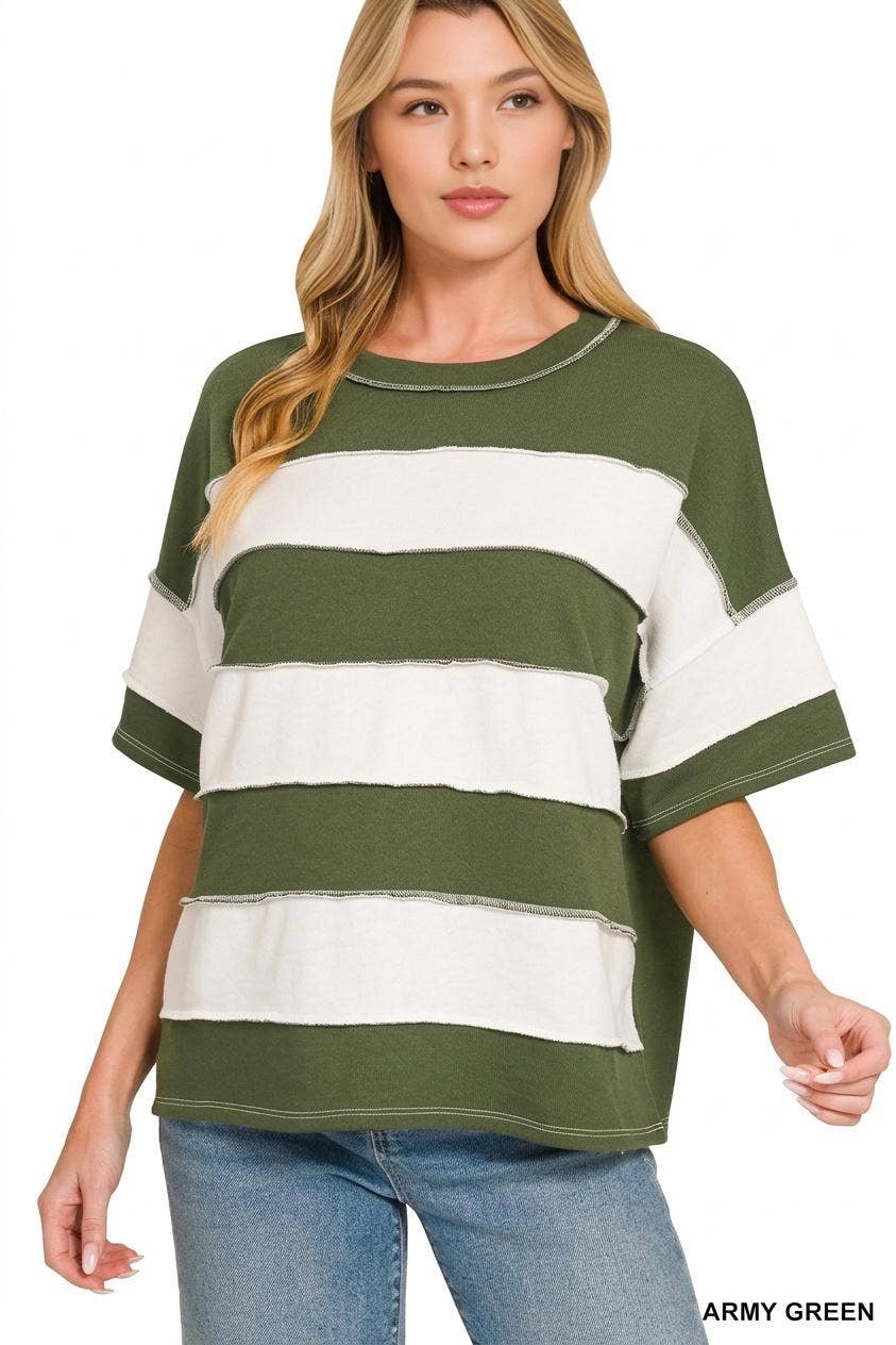 French Terry Striped Exposed Seam Top - Zenana