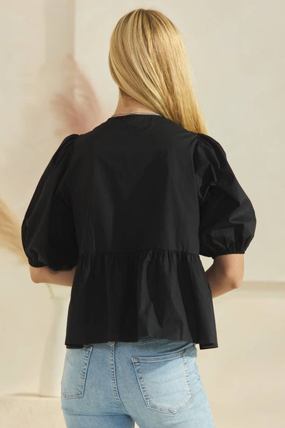 Solid Cotton Poplin Front Tie Ribbon Blouse: Burgundy / L