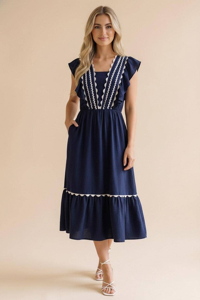 Plus Ric Rac Ruffle Short Sleeve Midi Woven Dress