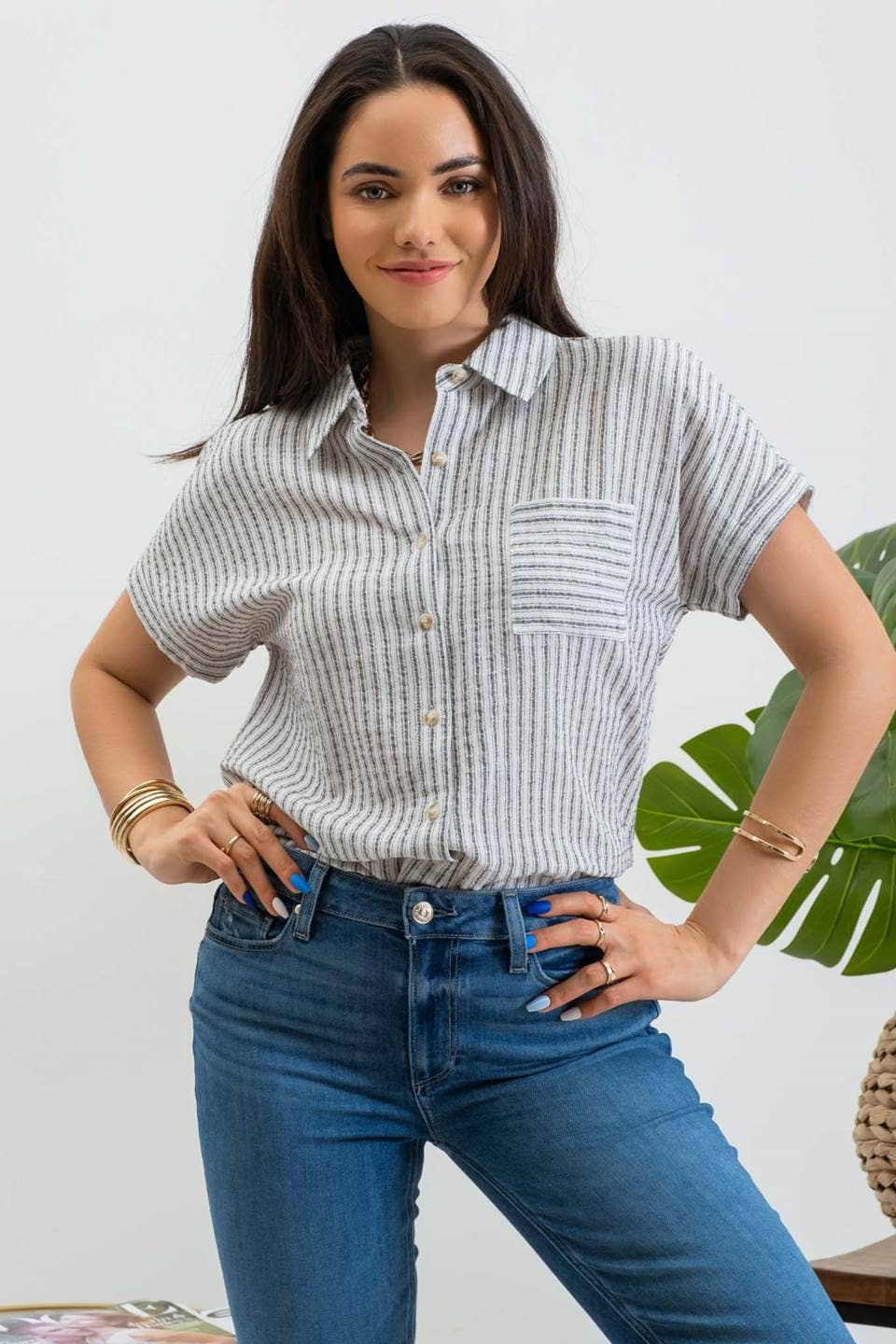 STRIPE COLLARED SHORT SLEEVE LINEN SHIRT: BLACK