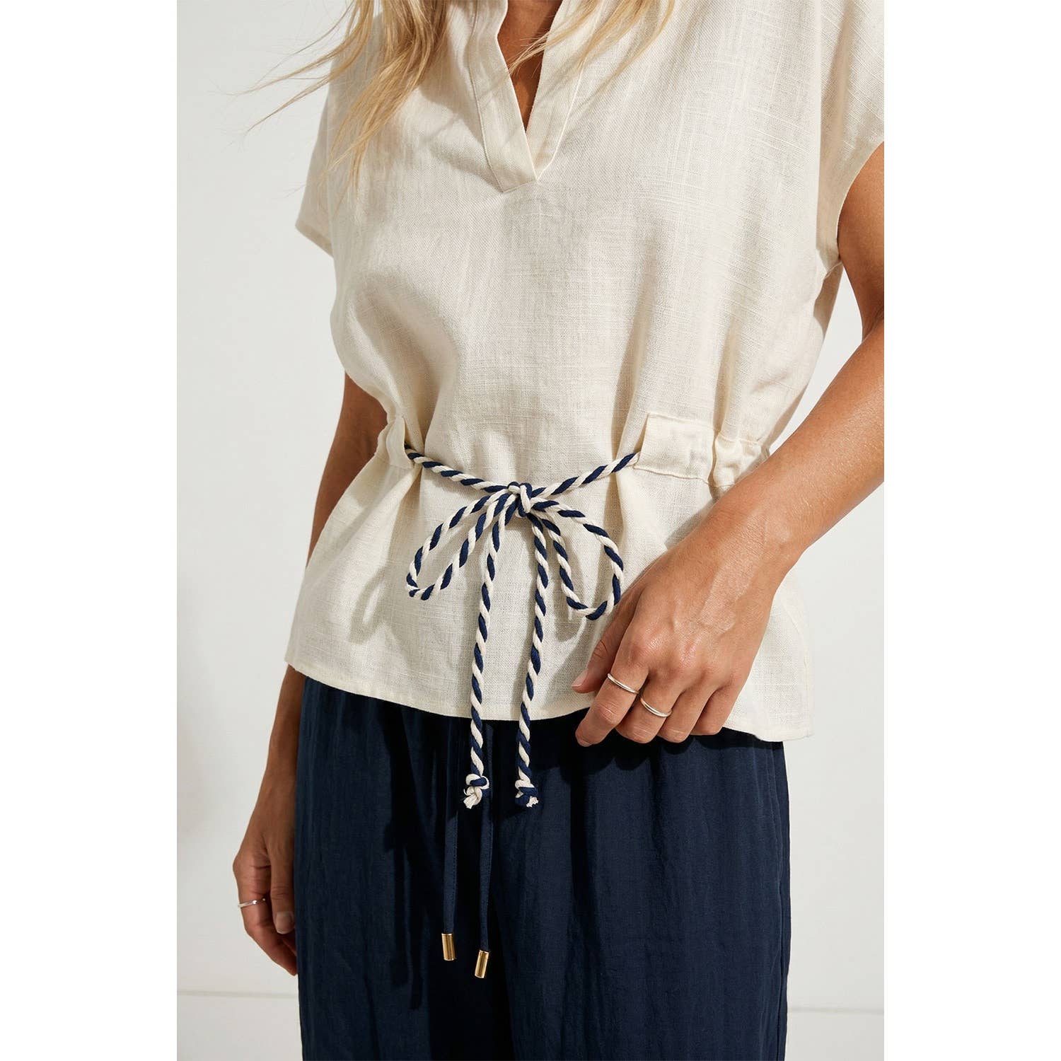 Linen Rope Tie Waist Blouse
