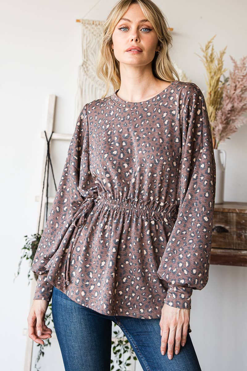 Long Sleeves Ruffle Elastic Waist Side Tie Top