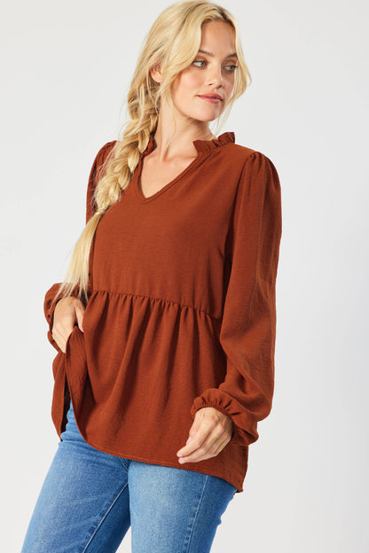 ST3073-A - SOLID LONG SLEEVE PEPLUM  TOP WITH RUFFLE COLLAR