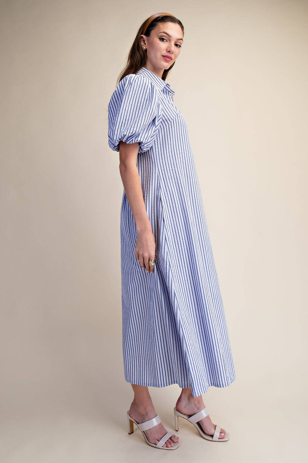 Collar V-Neck Puff Sleeve Stripe Pleated Midi Dress